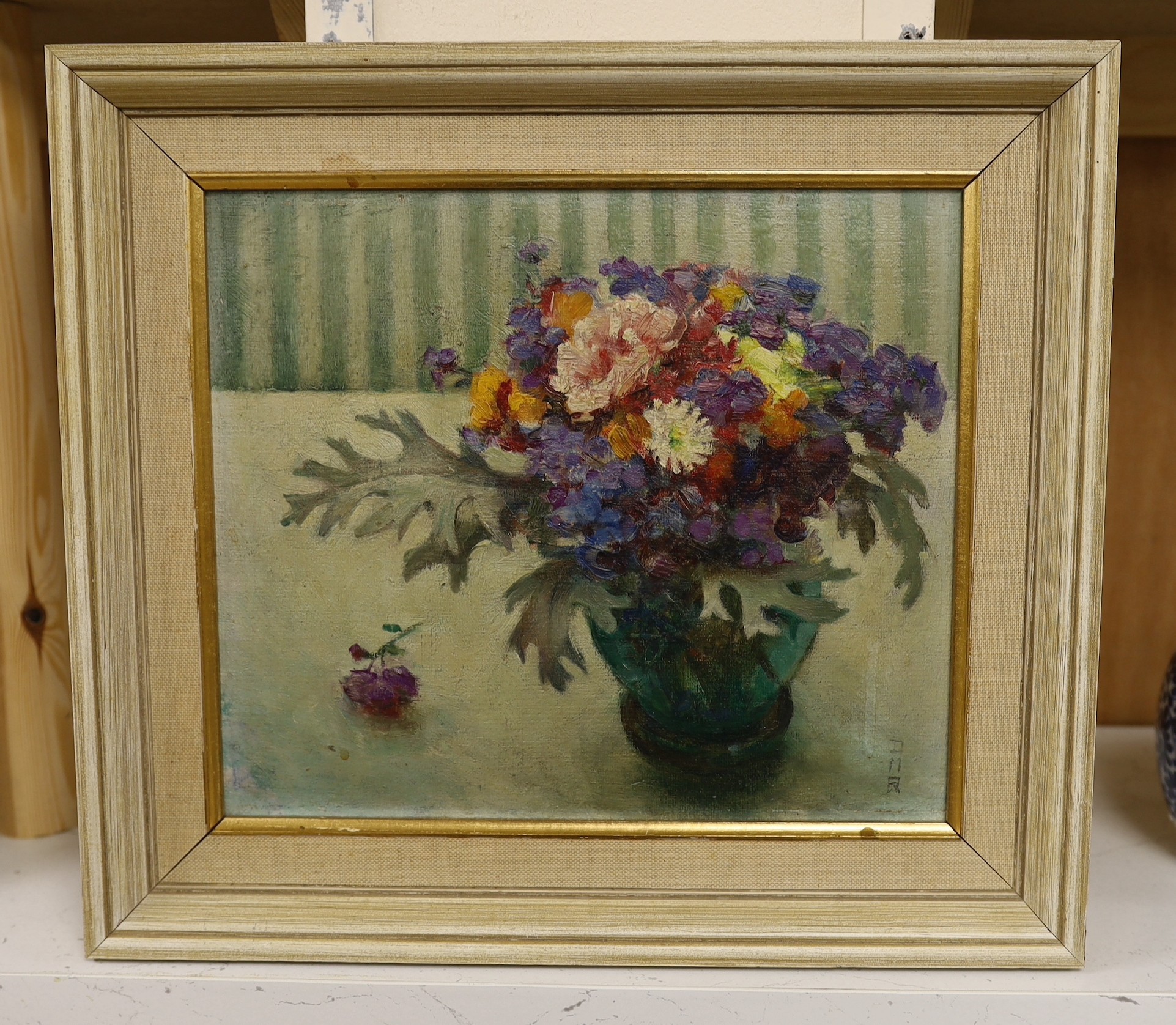 Manner of Diana Maxwell Armfield, oil on board, Still life of a vase of flowers, bears initials, 23 x 27cm